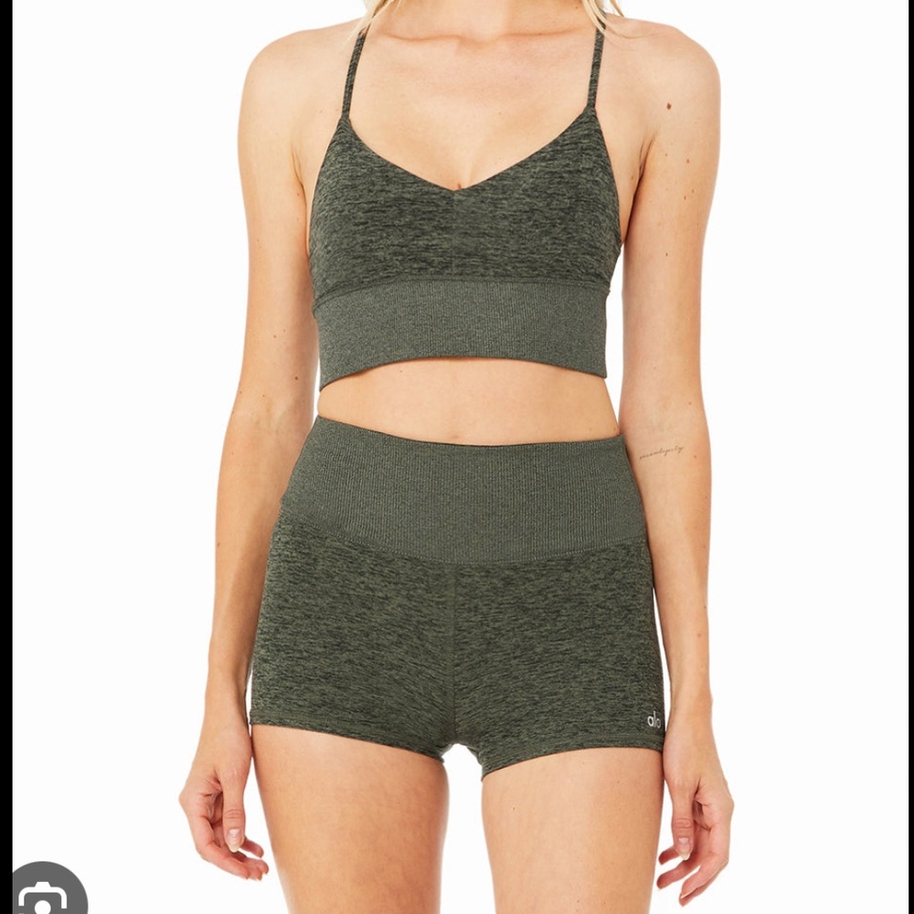 ALO Yoga Olive Green Sports Bra and Shorts Set